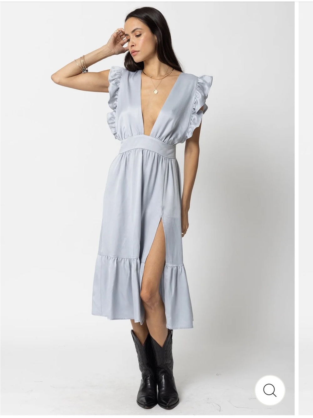 Stillwater the cupro silky Jessie Plunging V-Neck Ruffle Midi Dress in Pale Blue